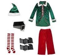 Elf Costume Men Green Tunic Red Pants Outfits Pointed Hat Belt Sets | Striped Socks, Curled Toe Covers, Holiday Cosplay, Stage Show, Festive Party, Adult Wear, Complete Kit, Fit