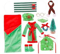 Elf Doll Accessories, Elf Accessories 11PCS Cute Mini Christmas Kit with Sleeping Bag, Bathrobe, Glasses, Shawl, Hammock Doll for Decorations Green