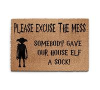 Elf Doormat (40cm x 60cm) Small, Harry Potter Theme, Excuse The Mess Front Door Mat, Coconut Core Fibre Heavy Duty Mat, Rug, Indoor Natural Coir Mat, Regular