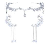 Elf Ear Cuffs Clip-on Earrings Rhinestone Leaf Crown Headband Set Elven