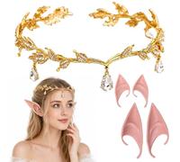 Elf Ears and Fairy Crown Set, 2 Pairs of Elven Ears with Golden Tiara, Ideal for Cosplay Events and Fantasy Weddings, Complete 2-Piece Accessory Collection for Themed Photoshoots and Stage Performance