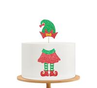 Elf Girl Cake Topper, Christmas Baby Shower Cake Decor, Red&Green Glitter Xmas Little Elf Legs Hat Cake Topper for Girl Birthday, Winter Holiday Party Decoration