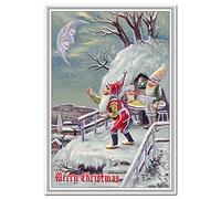 Elf Gnome Christmas Card - Vintage Merry Xmas Wishes Greeting - Traditional Old Fashioned 1900s Victorian Edwardian Era style - Blank inside to write own message - Design - Gnomes Tree House
