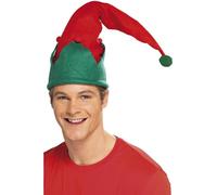 Green & Red Elf Hat With Pom Pom - elf hat fancy dress christmas santas accessory adult helper costume mens new little ladies red green