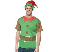 Smiffys Elf Instant Kit, Green - Funny Christmas Fancy Dress Set with Printed T-Shirt & Elf Hat, Easy Festive Costume for Men & Women, Xmas Parties, Work Events & Holiday Celebrations