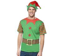 Smiffys Elf Instant Kit, Green - Funny Christmas Fancy Dress Set with Printed T-Shirt & Elf Hat, Easy Festive Costume for Men & Women, Xmas Parties, Work Events & Holiday Celebrations