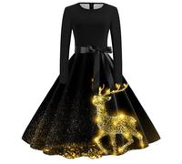 Elf Outfits For Women, Long Sleeve Dress Xmas Mini Swing Dress Plus Size Santa Black Dresses Christmas Fancy Costumes Long Sleeve Santa Print Ladies Xmas Festive