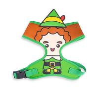 Elf Pet Harness, Dog Collar Plastic Buckle, Chibi Buddy The Elf Face with Hat Applique Green, Fits Dog with 16" Neck Size and 20-31" Chest Girth