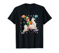 Elf Riding Llama Colorful Christmas Boxes Space Planets T-Shirt