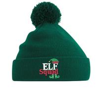 ELF Squad Bobble Beanie Hat Lightweight Cosy Double Layer Cuffed Hat Pom Pom Cute Cartoon Graphic Clipart Design Keep Funny Warm Kids Teen Adults Unisex Winter Christmas (Bottle Green)