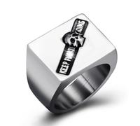 ELFASIO Keep Going Skull Rings for Mens, Square Signet Ring for Dad Father Jewelry Gift for Him, Stainless Steel Gothic Punk Skeleton Men's Biker Ring, Metal, No Gemstone