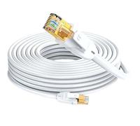 Elfcam® - 50 m Ethernet cable Cat 7 round, LAN/WLAN cable with gold-plated RJ45 connector, network cable 100% copper rigid installation cable, SFTP, 28 AWG, white, 50 m