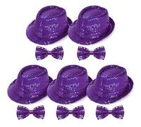 Elfcool 10 Pcs Unisex Sequin Fedora Hat Sequin Bow Ties Set Bling Retro Dance Jazz Cap Funky Party Costume Fedora (5Pack Purple, Large)