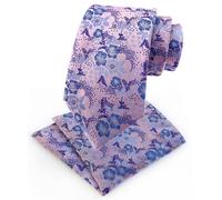 Elfeves Mens Cravat Tie Set Luxury Floral Pattern Wedding Necktie with Pocket Square Set, Pink Blue, One Size
