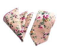 Elfeves Men's Skinny Necktie & Pocket Square Set Cotton Floral Handkerchief Tie, Pink, One size