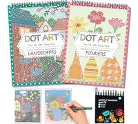 Elfew 2 Pack Dot Art for Adults Colouring Book with 12 PCS Acrylic Markers | Mindfulness Adult Colouring Books with 40 Patterns, Landscapes & Flowers Themes, Activity Book for Adults & Seniors