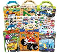 Elfew 6 Pack Car Sticker Books for Boys Ages 2-4 Year Old, Reusable 3D Puffy Stickers for Children, Car Stickers for Toddlers Boys 1-3, Monster Truck, Vehicle, Racing, Tractors, Boys Birthday Gifts