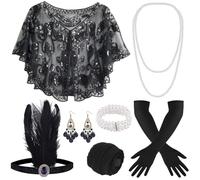 ELFIN 10-Piece 1920s Flapper Great Gatsby Accessories Set Fashion Roaring 20's Theme Set with Headband, Headwear, Long Black Gloves, Necklace Costume Vintage Accessories Ladies