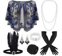 ELFIN 10-Piece 1920s Flapper Great Gatsby Accessories Set Fashion Roaring 20's Theme Set with Headband, Headwear, Long Black Gloves, Necklace Costume Vintage Accessories Ladies