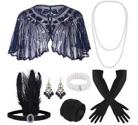 ELFIN 10-Piece 1920s Flapper Great Gatsby Accessories Set Fashion Roaring 20's Theme Set with Headband, Headwear, Long Black Gloves, Necklace Costume Vintage Accessories Ladies