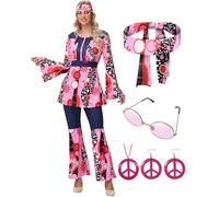 ELFIN 60s 70s Hippie Costume Women's Set, Clothing Accessories With Top, Bell Pants, Glasses, Headband, Necklace, Earrings, Disco Outfit for Carnival Theme Party Halloween