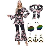 ELFIN 60s 70s Hippie Costume Women's Set, Hippie Clothing Accessories with hippie Top Bell Pants, Glasses, Headband, Necklace, Earrings, Disco Outfit Women's Carnival Theme Party Halloween