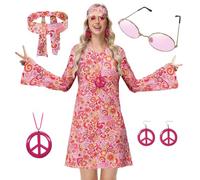 ELFIN Women's 60s 70s Hippie Costume Set, Disco Outfit with Glasses, Headband, Necklace, Earrings, Carnival Theme Party Halloween