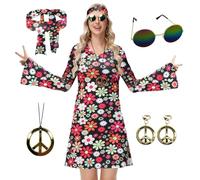 ELFIN Women's 60s 70s Hippie Costume Set, Retro Disco Outfit with Glasses, Headband, Necklace, Earrings, Carnival Theme Party Halloween