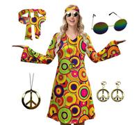 ELFIN Women's 60s 70s Hippie Costume Set, Retro Disco Outfit with Glasses, Headband, Necklace, Earrings, Carnival Theme Party Halloween