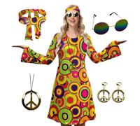 ELFIN Women's 60s 70s Hippie Dress Costume Set with Accessories - Glasses, Headband, Necklace, Earrings - Disco Outfit for Carnival, Party, Halloween