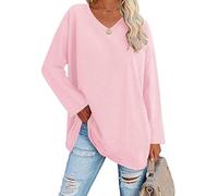 ELFIN Women's Basic Long Sleeve Oversized T-Shirt V Neck Plain Thin Knitted Tunic Tee Top Pink