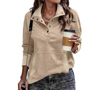 ELFIN Womens Hoodies Long Sleeve Lightweight Sweatshirts Button Collar Casual Pullover with Pocket Apricot