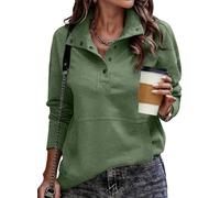 ELFIN Womens Hoodies Long Sleeve Lightweight Sweatshirts Button Collar Casual Pullover with Pocket Green
