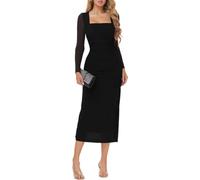 ELFIN Women's Long Sleeve Evening Party Wedding Guest Maxi Dresses | Ruched Mesh,Square Neck,Slim Fit, Formal Long Dress,2026 Fall Winter Outfits,Cocktail,Club & Night Out,Business fashion