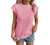 ELFIN Womens Round Neck Tshirts Elegant Tops Short Sleeve Casual T-Shirt Plain Tops Summer Loose Blouse Pink