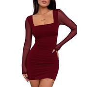 ELFIN Women's Sexy Bodycon Mini Dress Ruched Mesh Long Sleeve Square Neckline Club Party Short Dresses Wine