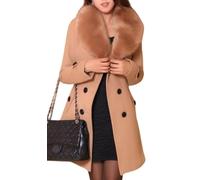 ELFTOWN Women's Double Breasted Midi Long Pea Coat Detachable Faux Fur Collar Long Sleeve Winter Trench Coats with Belt, Camel, X-Small
