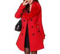 ELFTOWN Women's Double Breasted Midi Long Pea Coat Detachable Faux Fur Collar Long Sleeve Winter Trench Coats with Belt, Red, Small