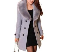 ELFTOWN Women's Double Breasted Midi Long Pea Coat Detachable Faux Fur Collar Long Sleeve Winter Trench Coats with Belt, Gray, Medium