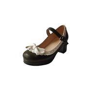 ELFY Women's Cute Lolita Cosplay Shoes Bow Mid Chunky Heel Mary Jane Pumps, Army Green, 8.5 UK