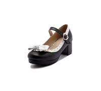 ELFY Women's Cute Lolita Cosplay Shoes Bow Mid Chunky Heel Mary Jane Pumps black Size: 6 UK