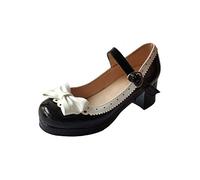 ELFY Women's Cute Lolita Cosplay Shoes Bow Mid Chunky Heel Mary Jane Pumps black1 Size: 7 UK