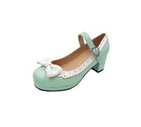 ELFY Women's Cute Lolita Cosplay Shoes Bow Mid Chunky Heel Mary Jane Pumps green Size: 6.5 UK