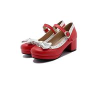 ELFY Women's Cute Lolita Cosplay Shoes Bow Mid Chunky Heel Mary Jane Pumps, Red, 7 UK