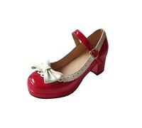 ELFY Women's Cute Lolita Cosplay Shoes Bow Mid Chunky Heel Mary Jane Pumps, Red1, 9.5