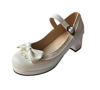 ELFY Women's Cute Lolita Cosplay Shoes Bow Mid Chunky Heel Mary Jane Pumps white Size: 6 UK