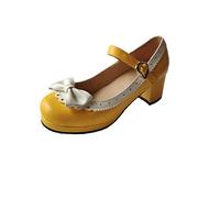 ELFY Women's Cute Lolita Cosplay Shoes Bow Mid Chunky Heel Mary Jane Pumps yellow Size: 4 UK