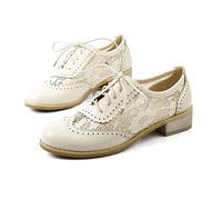 ELFY Women's Perforated Lace-up Wingtip Close Front Brogue Shoes Vintage Lace Oxford Shoes beige Size: 6 UK