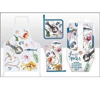 Elgate Fruits De Mer Seafood 3 Piece Oven Mitt Gloves Pot Holder & Apron Kitchen Set For Cooking and Baking 100% Cotton Gift Souvenir Fish Sea Life