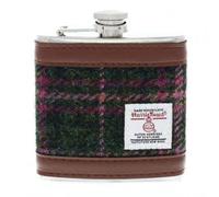 Elgate Harris Tweed Hip Flask 6oz in Dark Green & Pink Check